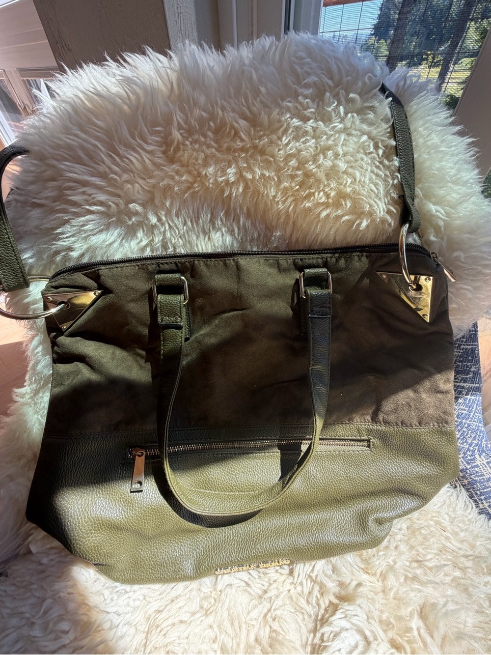 Christian Siriano olive green tote bag, Black and White Striped Lined Handbag - Picture 1 of 5
